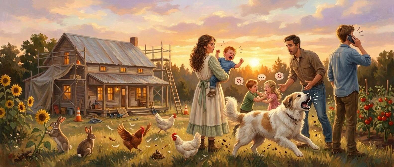 The same scene in total chaos: barking dog, bickering kids, and a farmhouse under construction