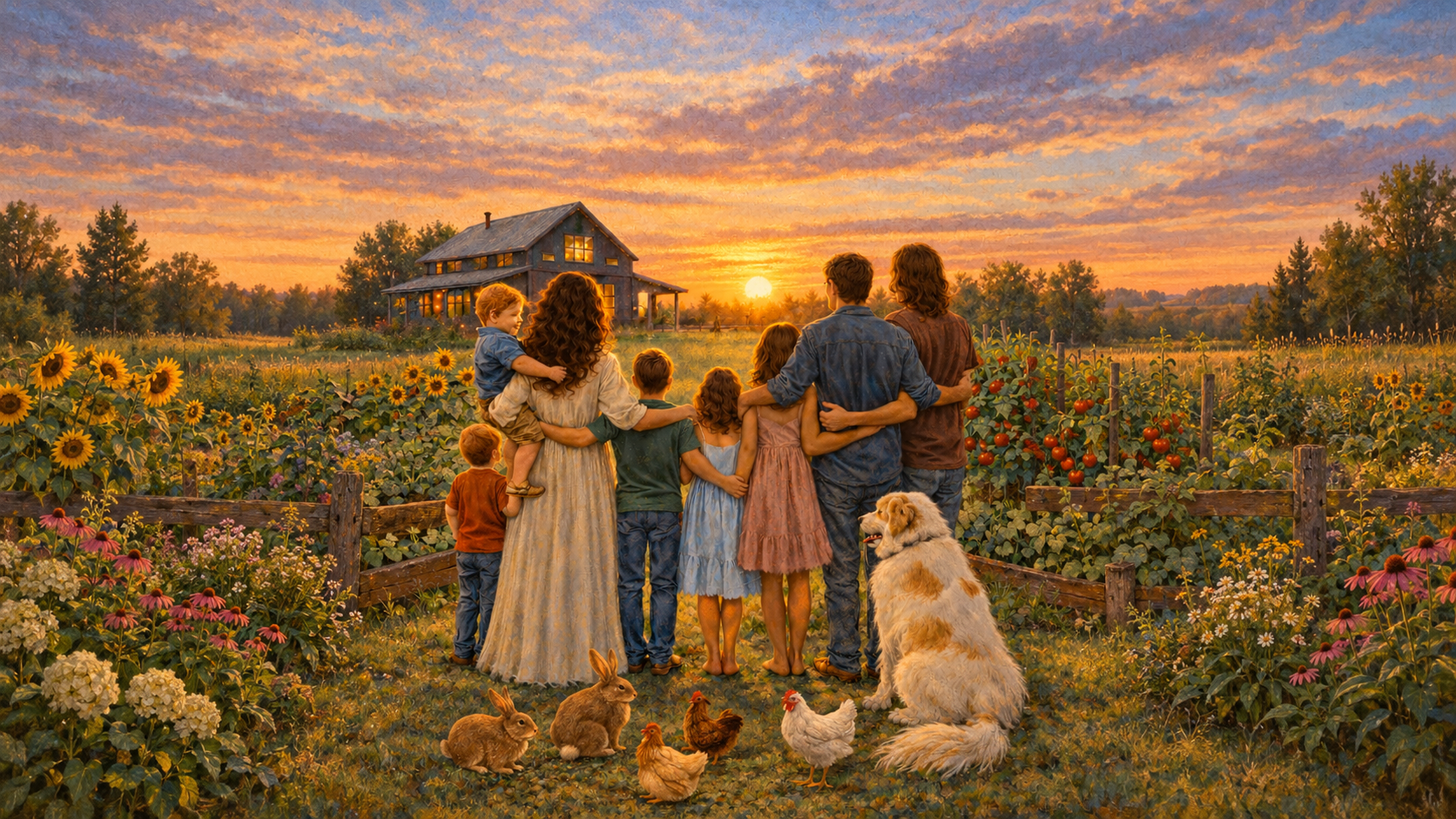The Hill family standing arm in arm at sunset in front of their farmhouse